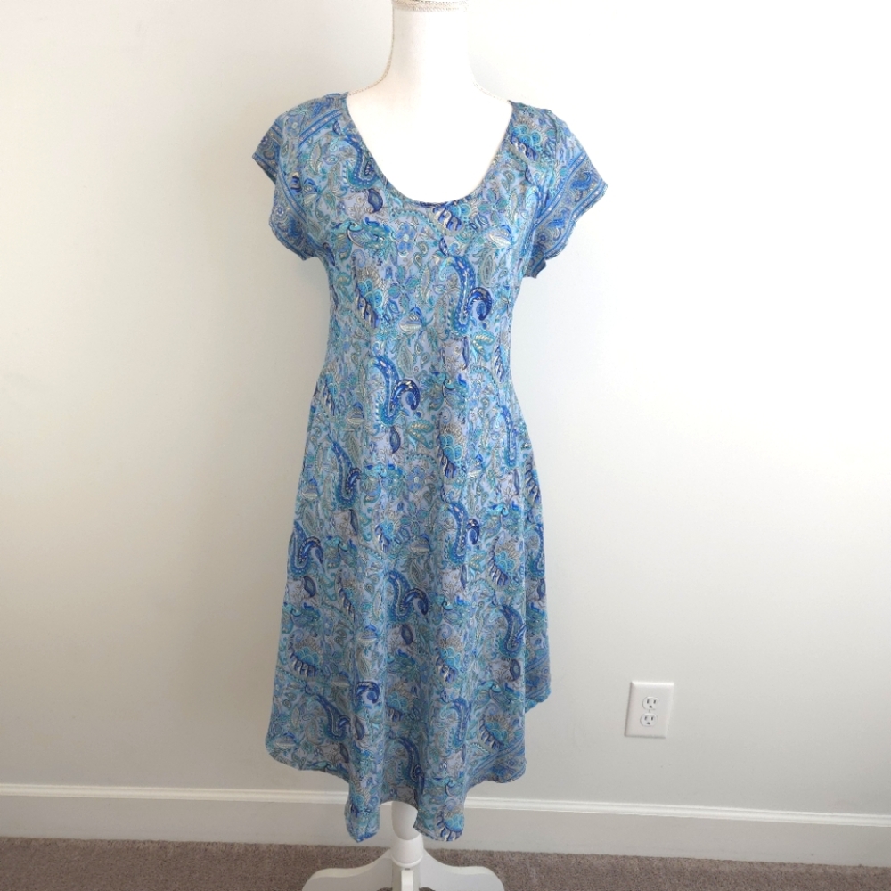 EYA Collection Women's Blue Paisley Print Silk Short Sleeve Swing Dress